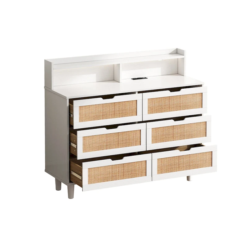 6-Drawers Rattan Accent Cabinet with LED Lights and Power Outlet, White