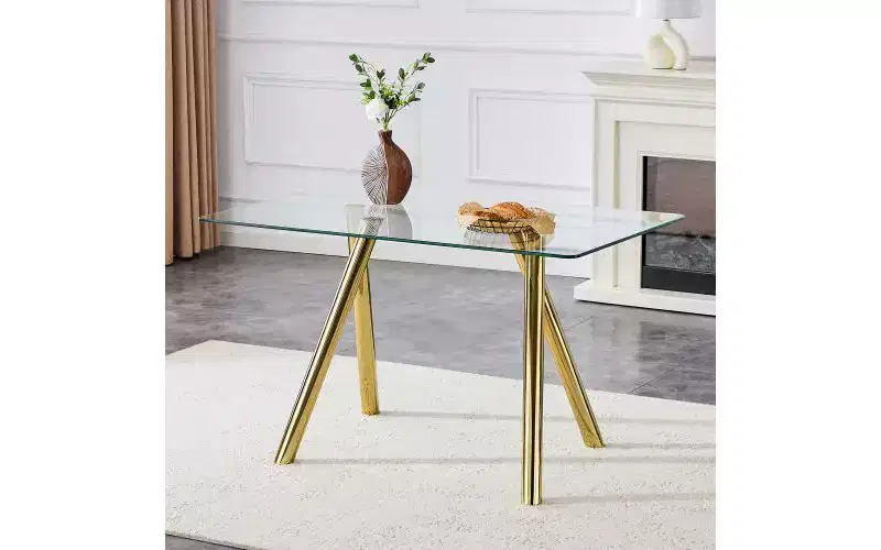 TUYOHW Tempered Glass Dining Table with Metal Legs,51 Rectangle Kitchen Table with Rounded Corners,Minimalist Table for Living,Dining Room