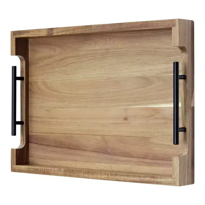 Wood Serving Tray with Metal Handles, 17x12 Inch Decorative Ottoman Tray, Multipurpose for Coffee Table/Breakfast/Bed/Living Room/Kitchen/Bar