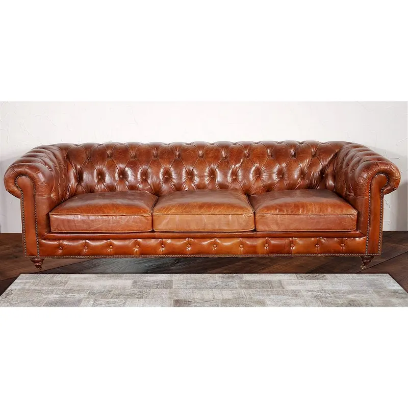 Brown Genuine Leather Chesterfield Tufted Sofa / Loveseat / Chair with Rolled Arms & Nailhead Trim
