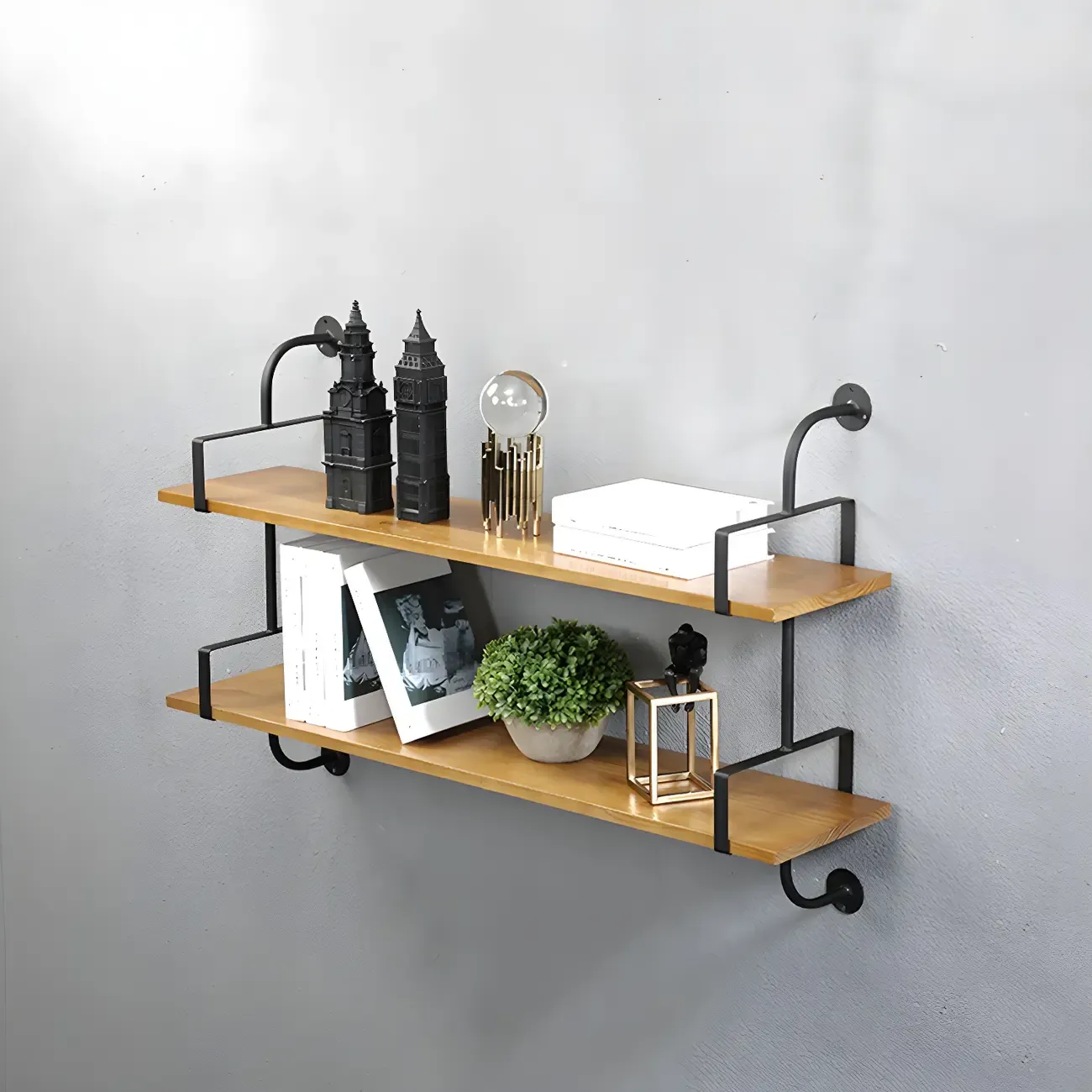 Simple 2-Tier Wood Metal Wall-Mounted Bookcase