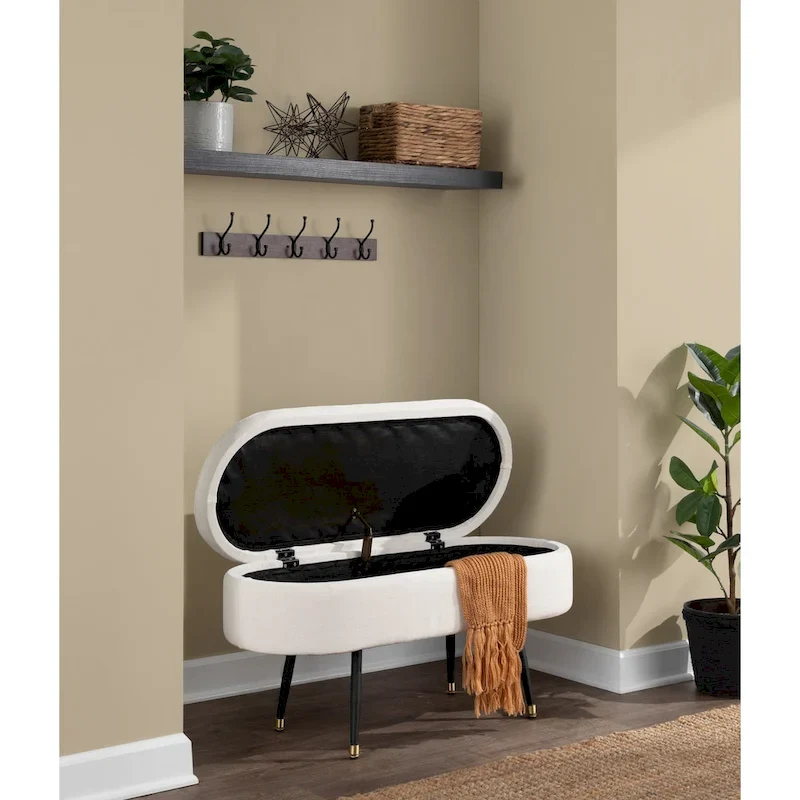 Fabric Storage Bench, Light Grey / Cream, 1-Seat, Flip-Top Lid with Metal Legs