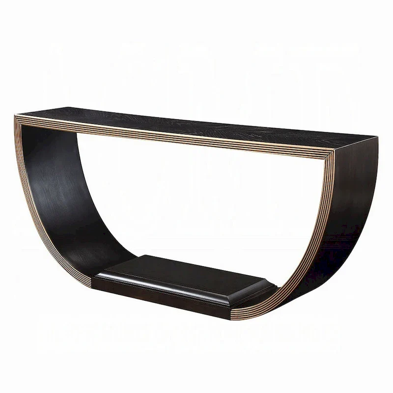 Console Table, Half Moon Wood Frame Black, Gold Finish, 70 Inch