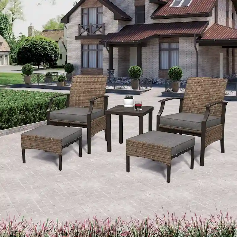 5 PCS Patio Conversation Set with Cushions with Coffee Table & Ottoman