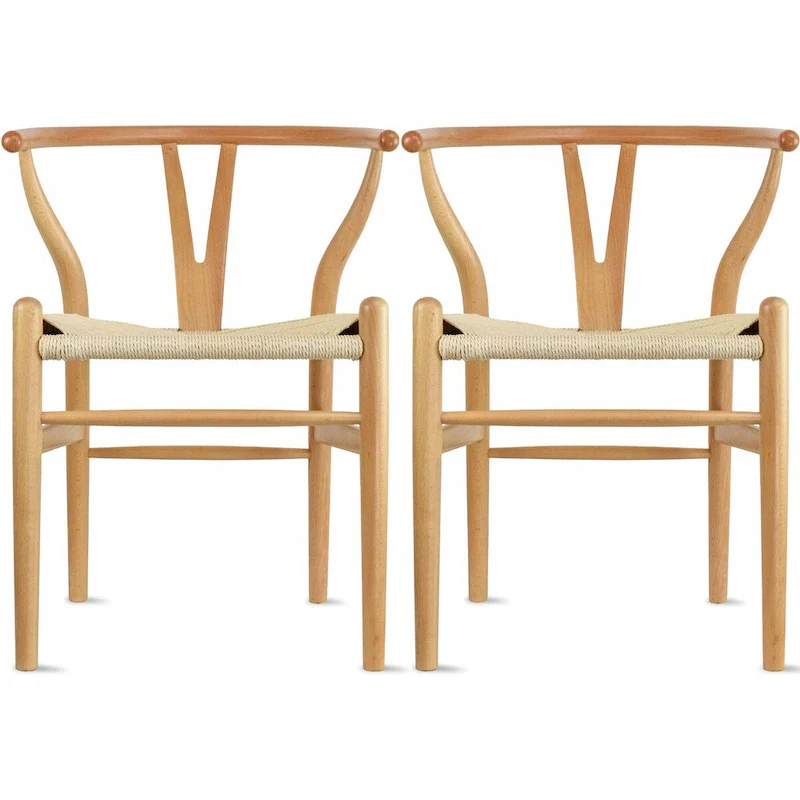 Set of 2 Wood Dining Chairs with Woven Rope Seat