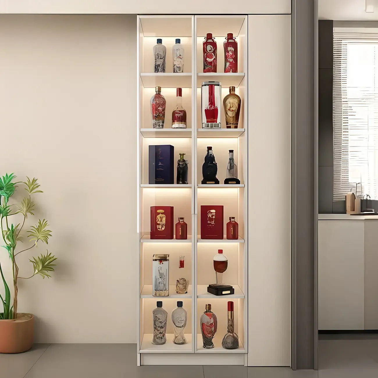 White Modern Wooden Display Wine Cabinet with Glass Doors