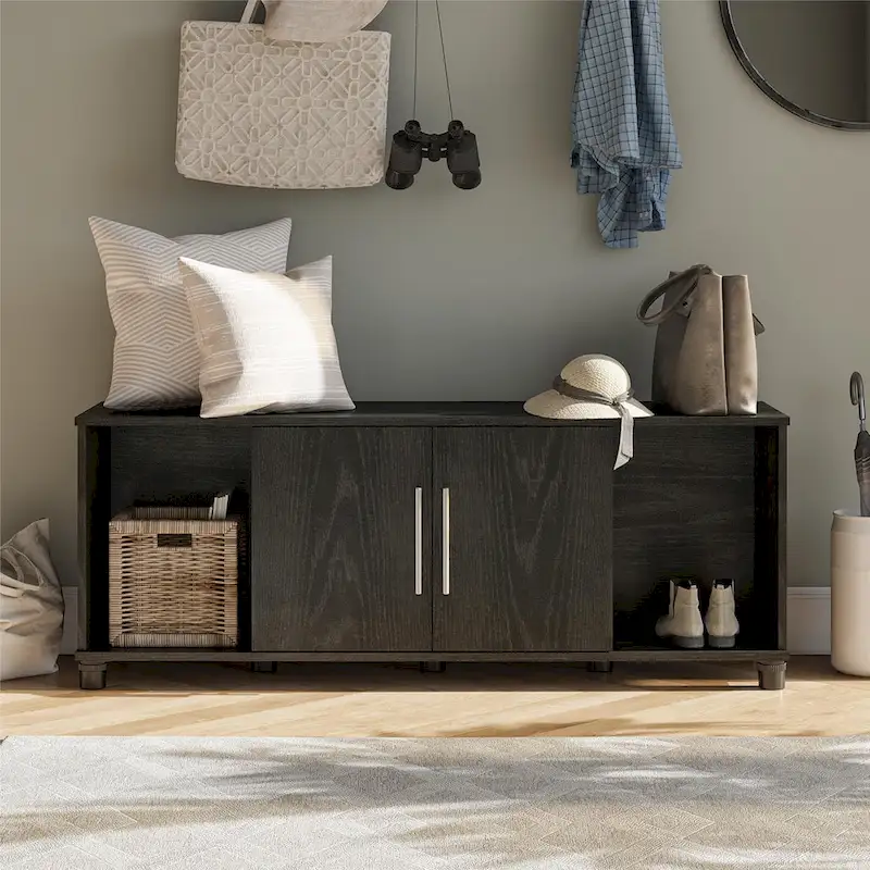 Shoe Storage Bench with Seat and Cabinet Doors
