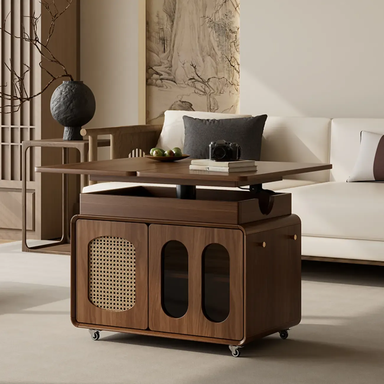 Elegant Brown Rolling Wood Side Table Adjustable Top