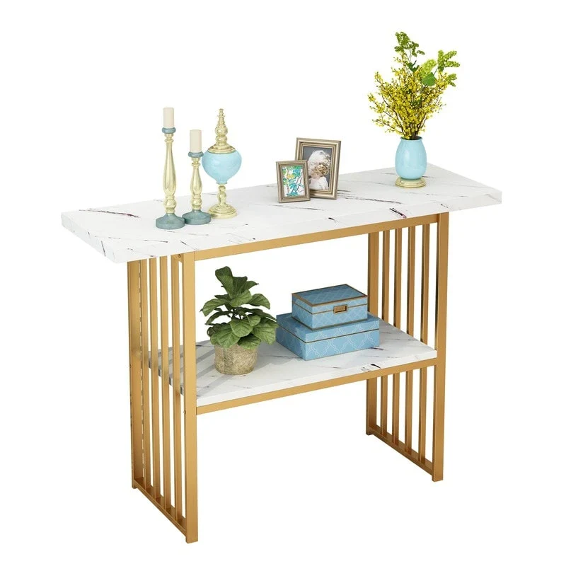 Narrow Console Table with Geometric Metal Legs – Gold / Black