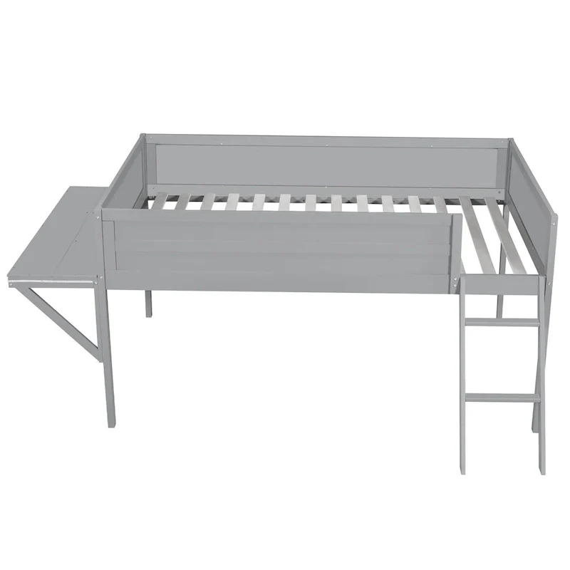 Twin Size Wood Gaming Loft Bed with Desk and LED, Grey
