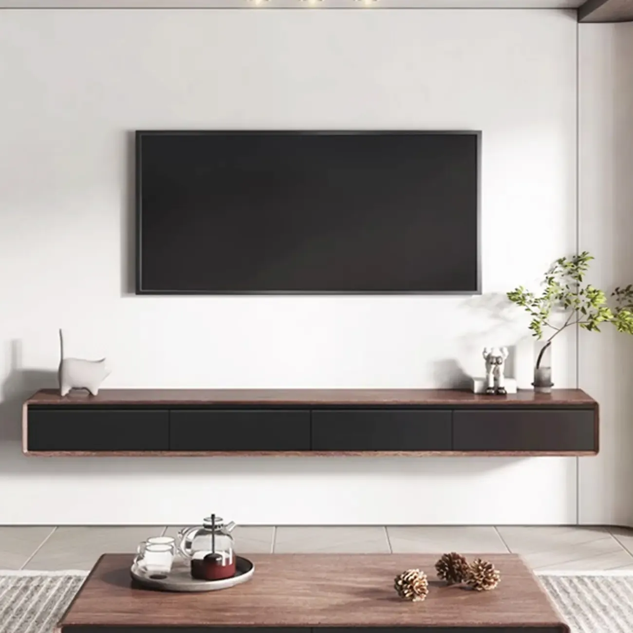 Walnut-Black Wood Drawers Floating Mount TV Stand Wall-Mounted