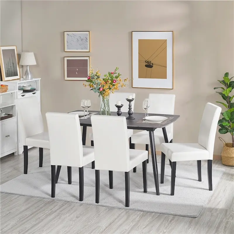 High-Back Faux Leather Dining Chairs with Foam Cushion & Rubberwood Legs – Black / Grey / Brown / White