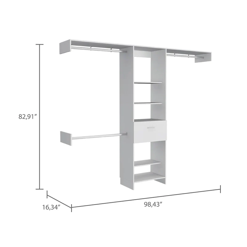 Cross Closet System with Drawer, 3 Metal Rods, and 5 Open Shelves