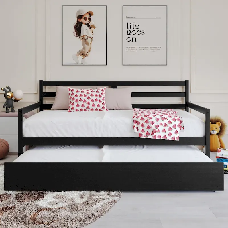 White/Walnut/Black/Light Oak/Antique Grey Railing-Style Twin Daybed with Trundle
