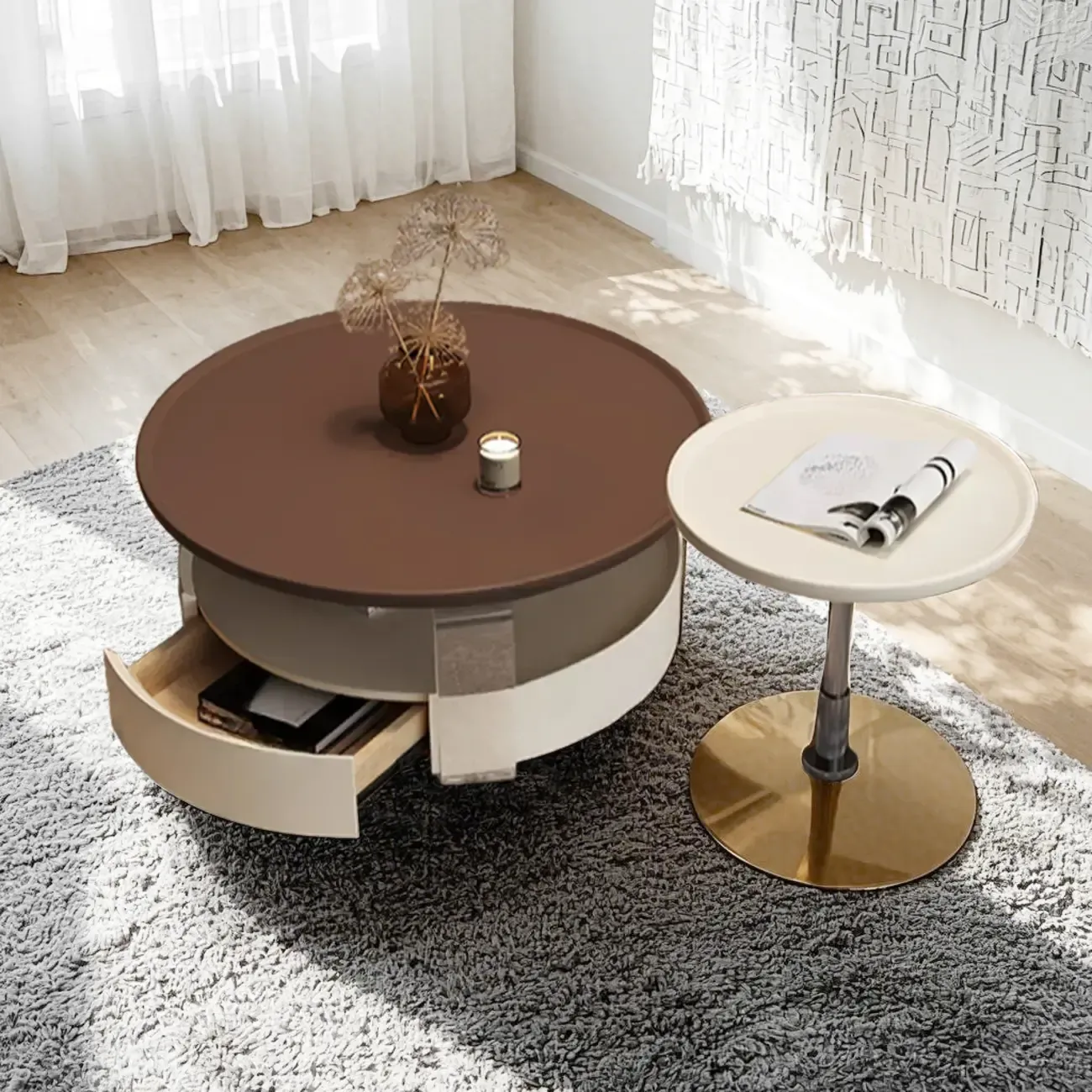 Brown Round Sleek Wooden Coffee Drawer Table