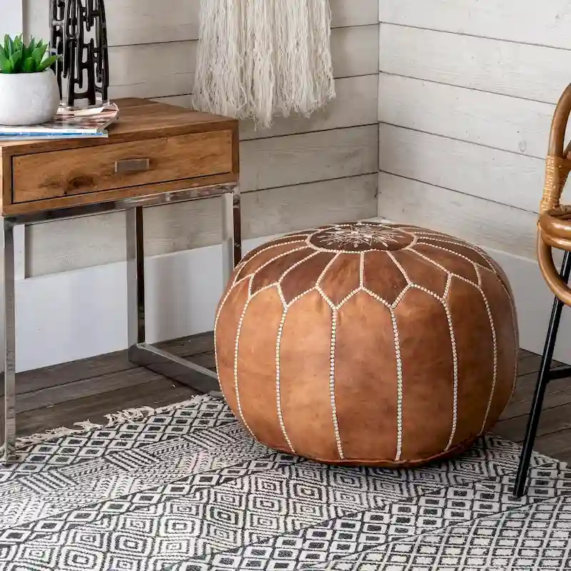 Nuloom Handmade Moroccan Leather Filled Ottoman Pouf