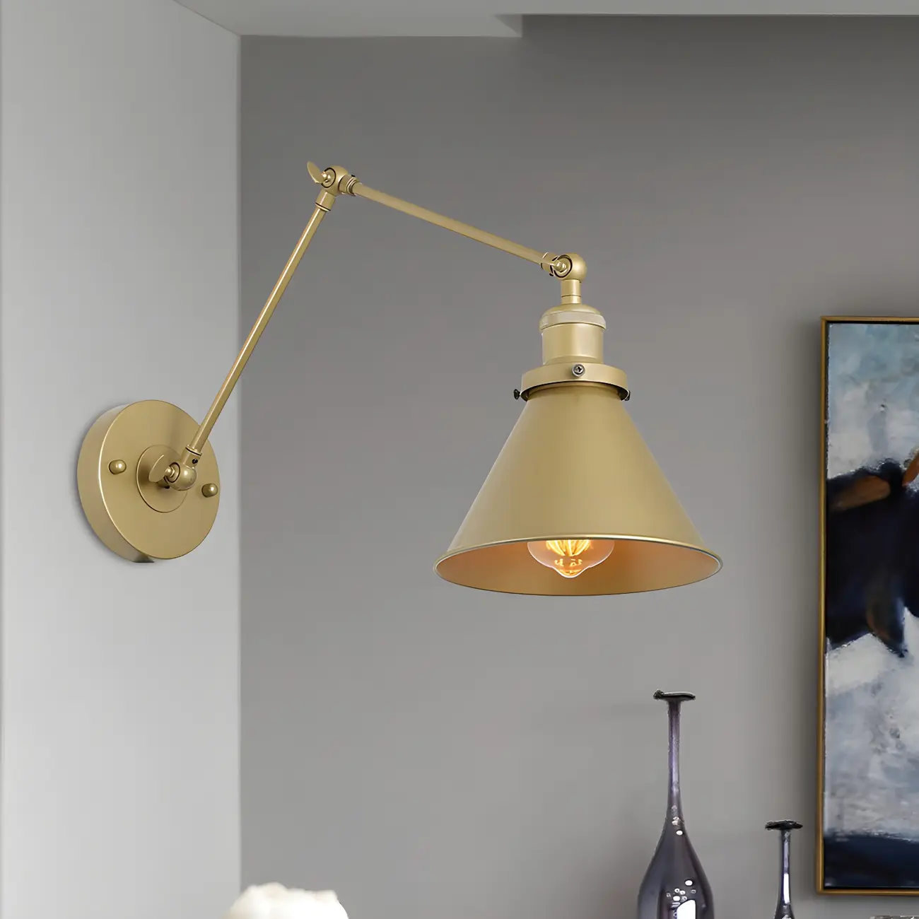 Industrial Gold Adjustable Swing Arm Wall Light