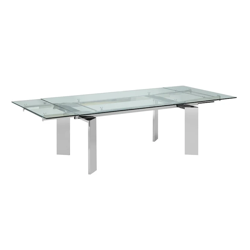 Silver Chrome Extendable Clear Glass Dining Table, Seats 6-8