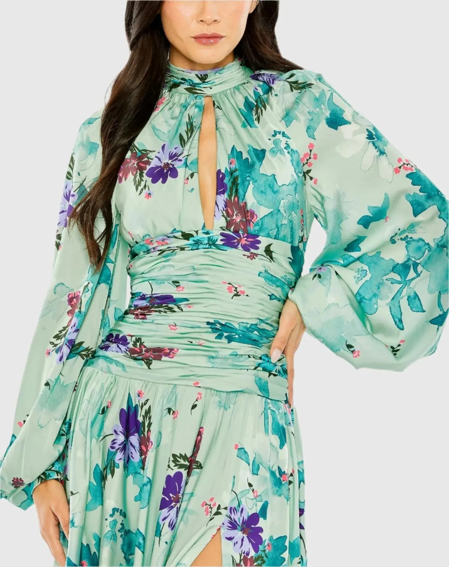 Green Keyhole Satin Long Sleeve Floral Dress