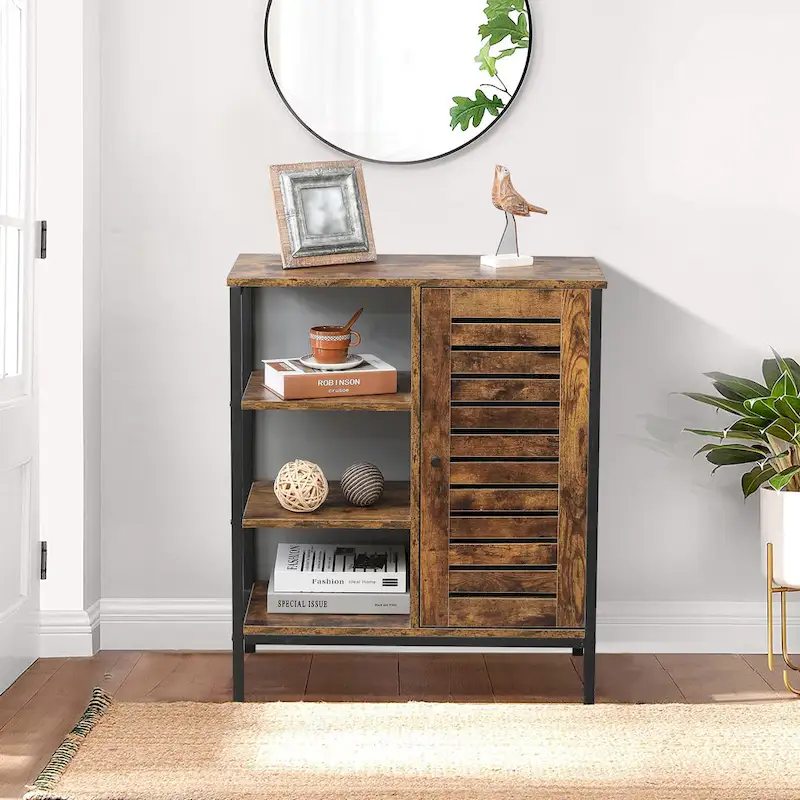 Walnut Finish Manufactured Wood 3-Shelf and 1-Door Storage Cabinet