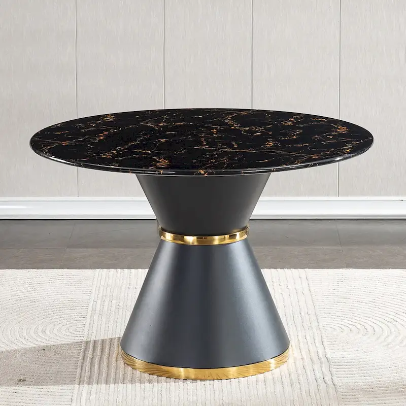 Round Dining Table with Marble Print Top and Metal Base