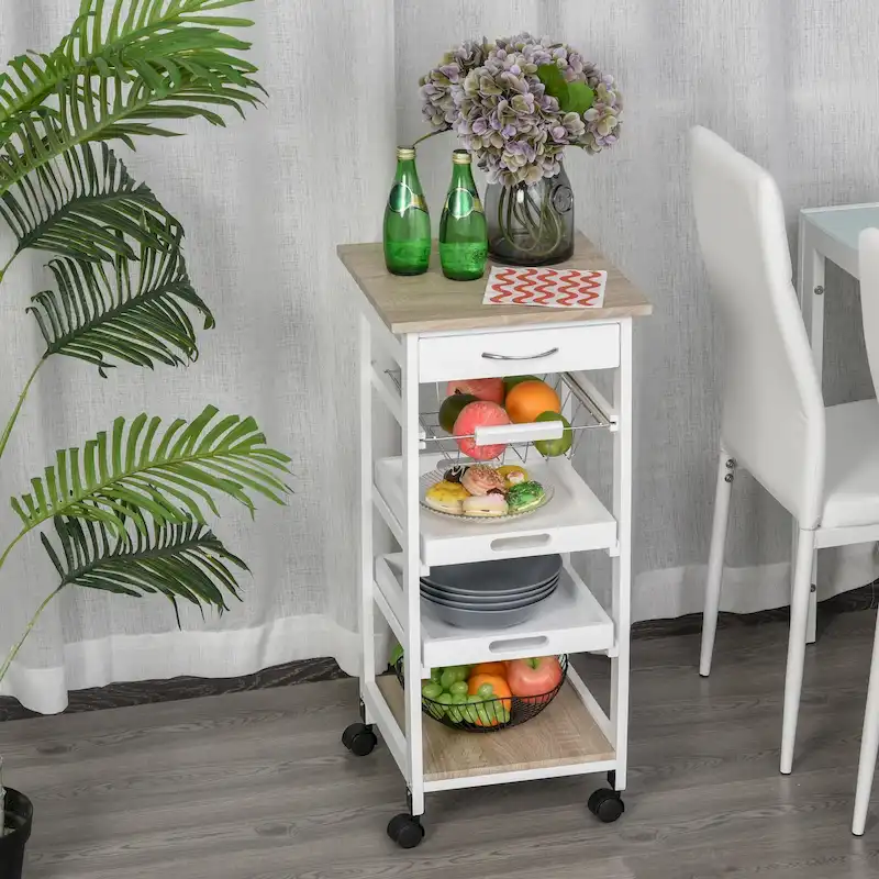 HOMCOM Mobile Rolling Kitchen Island Trolley Serving Cart with Underneath Drawer & Slide-Out Wire Storage Basket