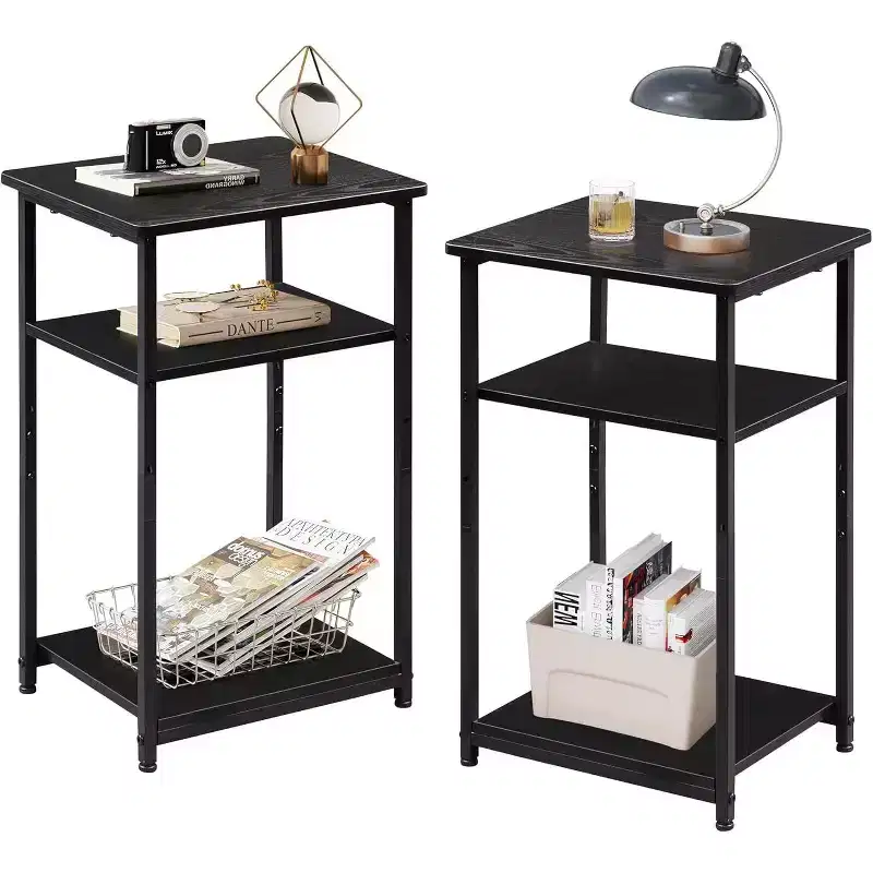 DEXYLLO Side Tables Set of 2, Small End Table, Adjustable 3-Tier Bedside Table with Sturdy Metal Frame, Tall Nightstand for Bedroom, Living Room