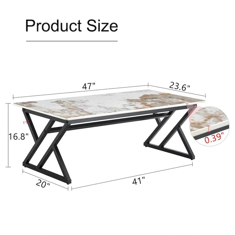47 Modern Rectangular Coffee Table with Sintered Stone Tabletop and X-shaped Metal Legs