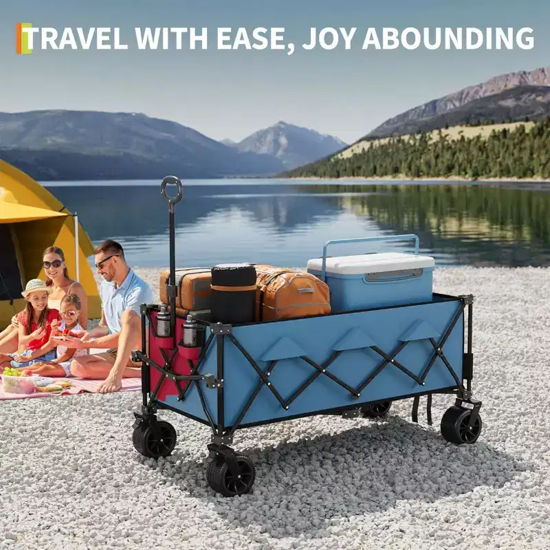 COZONY 52 Foldable Beach Wagon, 460 LBS Capacity, Terrain Collapsible Cart With Cup Holders