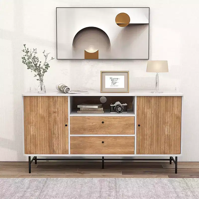 Costway Buffet Sideboard Versatile TV Stand with Sliding Tambour Doors & 2 Storage Drawers