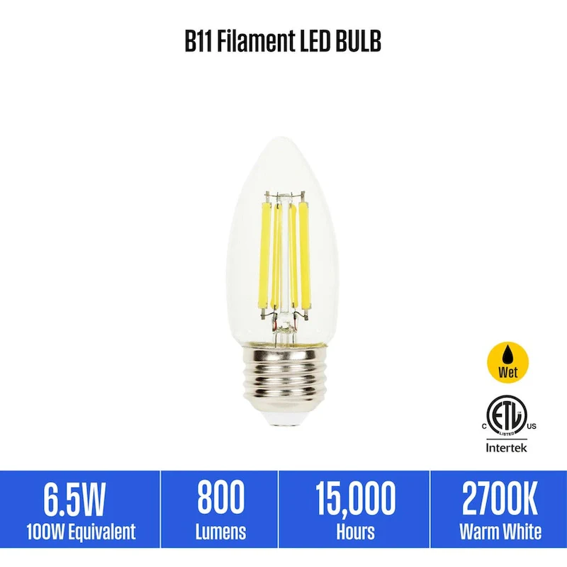 Westinghouse Lighting 6.5 Watt (100 Watt Equivalent) Clear B11 Dimmable Filament LED Light Bulb, Medium Base, 6 Pack - 6-Pack
