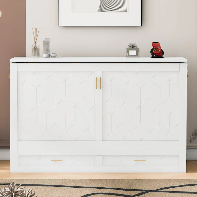 White/Gray Murphy Bed Cabinet with Drawers, USB Ports & Outlets – Queen/Full