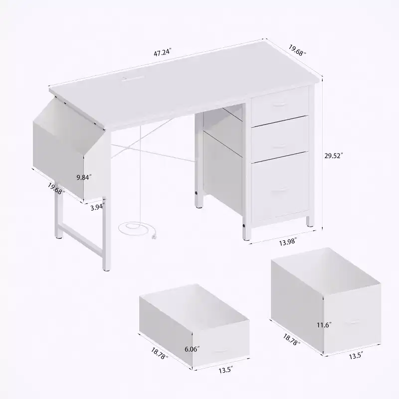 47'' Office Desk, Computer Desk with Hutch & Storage Drawers, Power Outlets, Side Pockets, Modern Reversible Study Writing Desk Workstation White