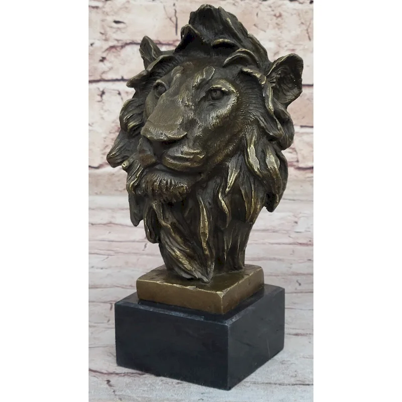 Male Lion Bronze Bust Statue Sculpture Figure On Black Marble Base Signed Barye 9 Inches X 4 Inches