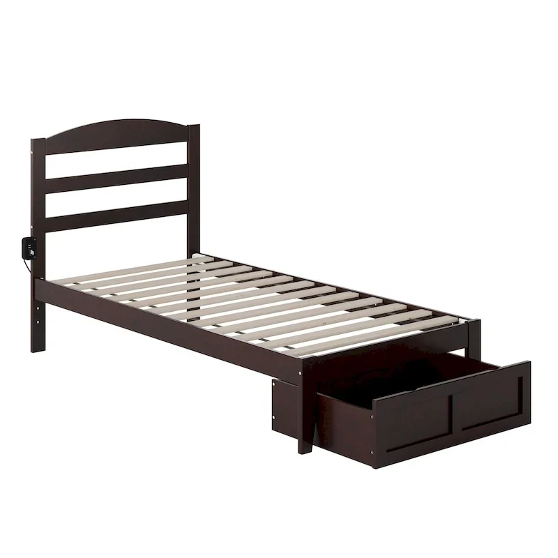 Platform Bed with Foot Drawer & Charging Station – White / Walnut / Grey / Espresso, Twin to Queen, Sleeps 1–2