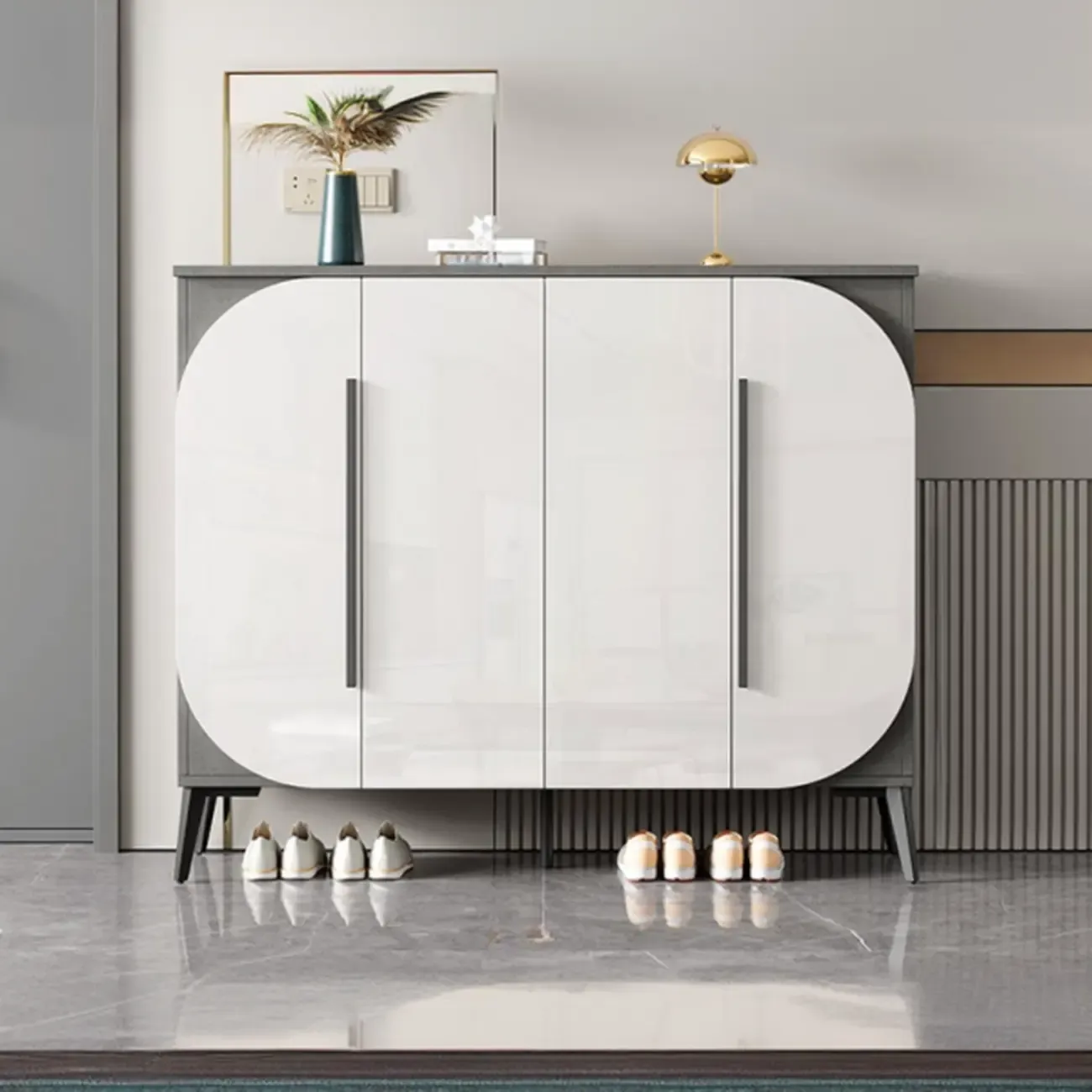 Trendy Gray-White Wooden Shoe Cabinet with Display Top