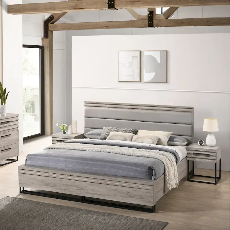 3-Piece Upholstered Wood Bedroom Set, Panel Bed and Two Nightstands, Weathered Gray