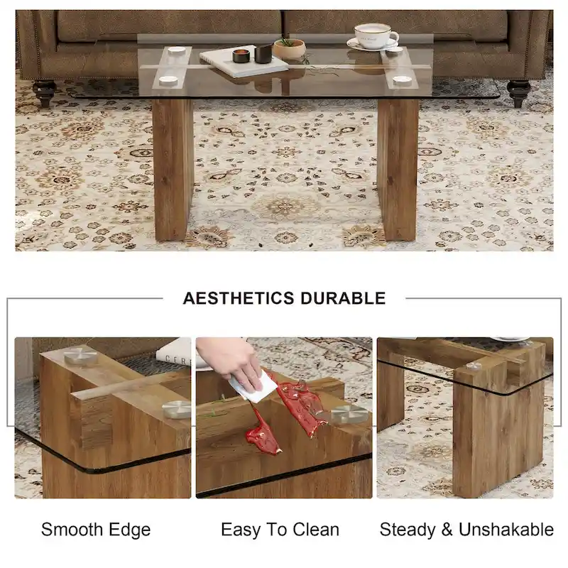 Tempered Glass Coffee Table with MDF Column Legs