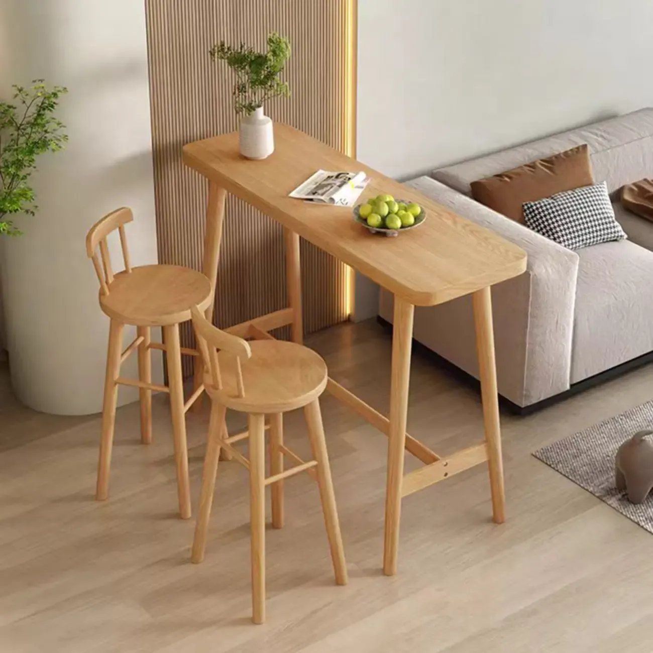Scandinavian Wooden Bar Table with Footrest for Dining Spaces