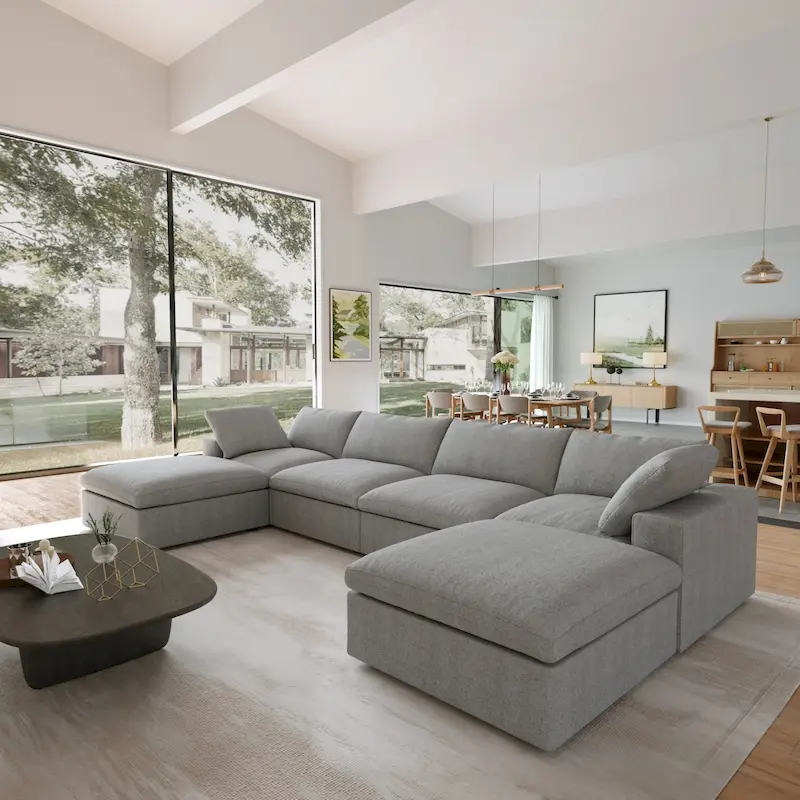 Modern Linen Down Filled Overstuffed Upholstered Sectional Sofa