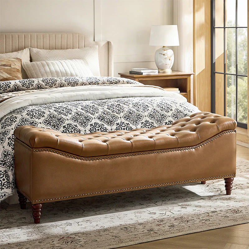 Faux Leather Button-Tufted Storage Bench with Arms, Nailhead Trim & Carved Baluster Wood Legs | Camel / Brown / Black / Navy | Single