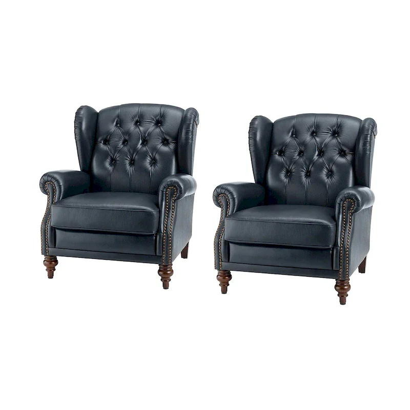 Brown Genuine Leather Wingback Armchair with Nailhead Trim, Set of 2, 1-Person