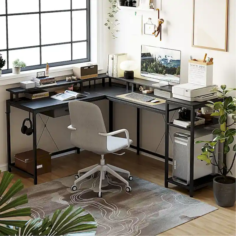 68 Home Office Desk with File Drawer & Power Outlet, LED Lights