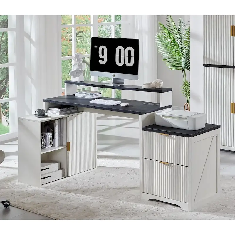 67 Modern L Shaped Desk, Wood Home Office Desk with Charging Station