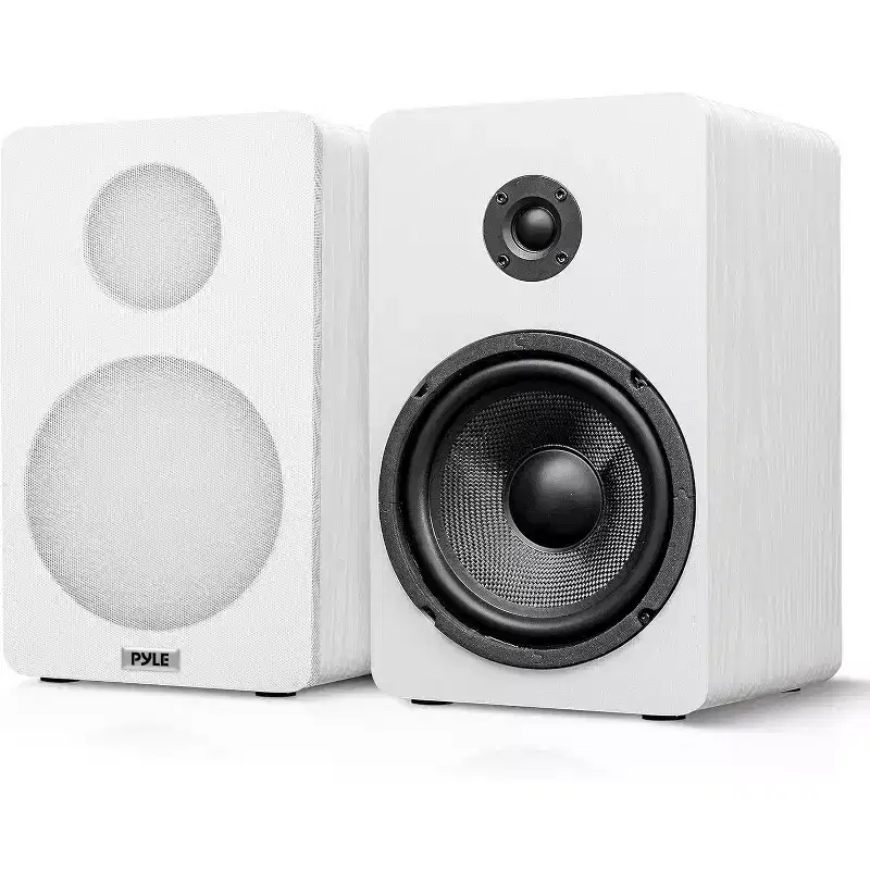 Pyle 6.5 Home Theater Wooden Bookshelf Speakers - 2 Way HiFi Sound with Built-in Wall Mount Bracket for Easy Installation (Pair) (White)