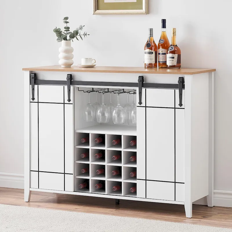 Dark Brown / White Farmhouse Sliding Barn Door Wine Bar Cabinet with 16-Bottle Rack – Single Unit