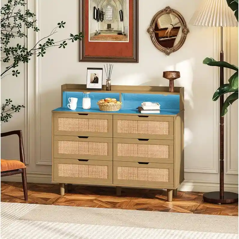 6-Drawer Rattan Sideboard with LED Lights & Power Outlet – White / Black / Oak