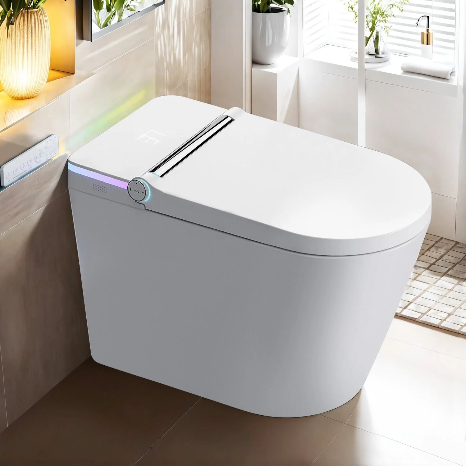 Smart Toilet, One Piece Bidet Toilet for Bathrooms,Modern Elongated Toilet with Warm Water,Dual Auto Flush,Foot Sensor Operation