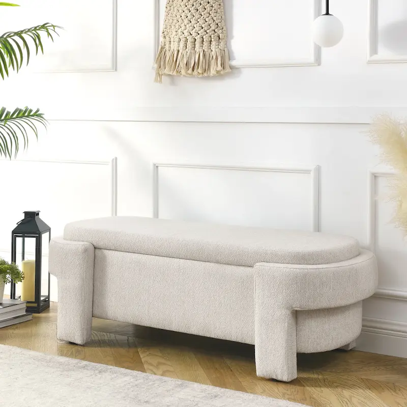 White/Beige Linen Upholstered Storage Bench