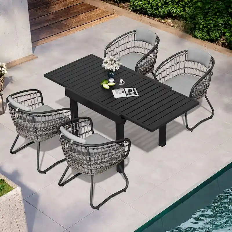 5PC Outdoor Extendable Patio Dining Table with Rattan Chairs